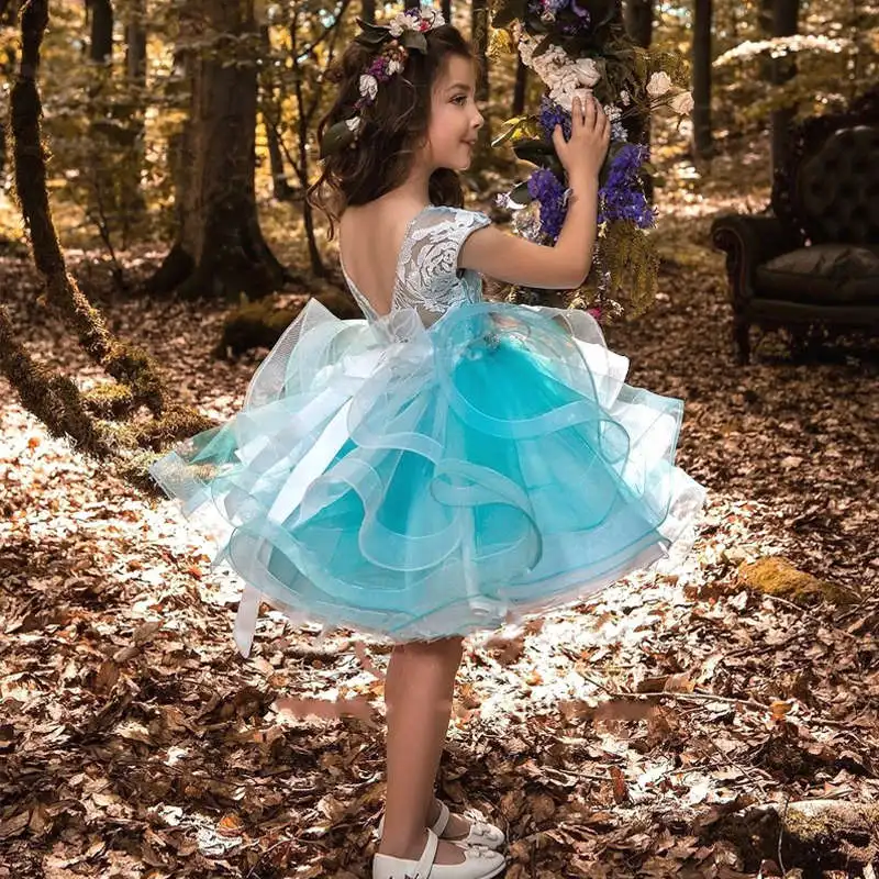 Платье с v-образным вырезом на спине, кружевное платье с цветочным рисунком для девочек на свадьбу платье для церемонии, для девочек, детская одежда в стиле «многослойный пирог» бальное платье Детские платья для девочек Размеры возраст 4-10 лет - Цвет: Blue