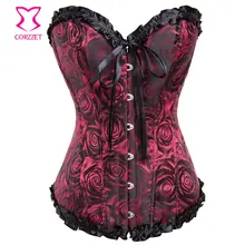 Vintage Rose Floral Embroidery Gothic Corset Sexy Overbust Ruffle Trim Body Shaper Women Corpete Burlesque Mrs Rose Bustier