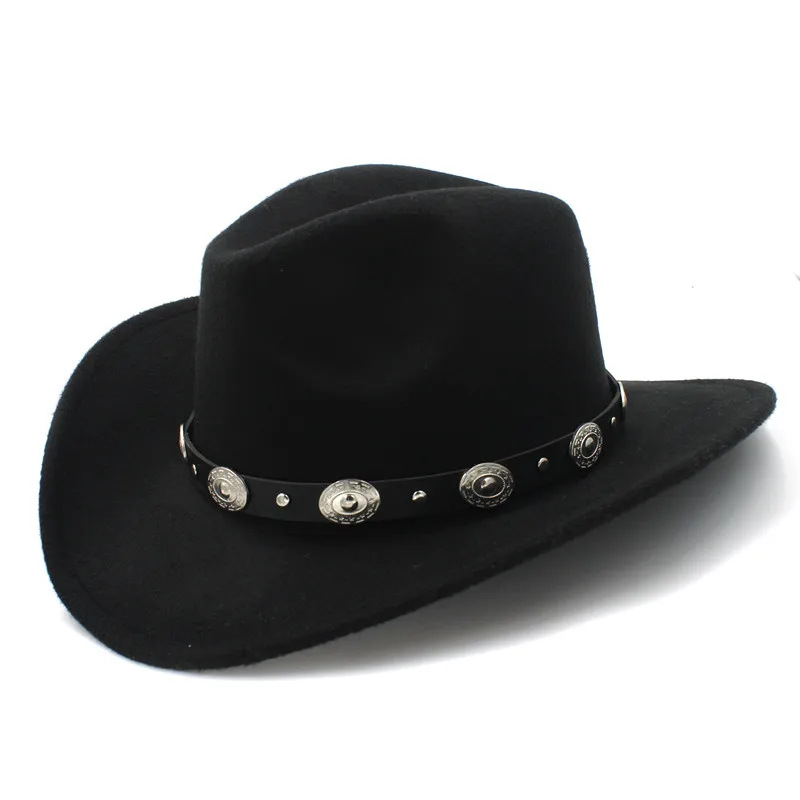 LUCKYLIANJI, шерсть, войлок, женская мужская Ковбойская шляпа в западном стиле с широкими полями, панк, кожаный ремень, шляпа-федора(Размер: 57 см/США 7 1/8 - Цвет: Черный