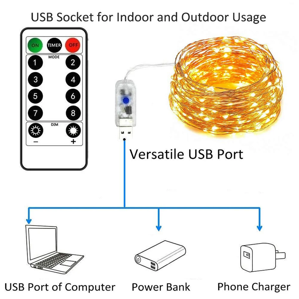 Светодиодный Сказочный светильник 8 режимов струнный светильник s 50 100 200 светодиодный s водонепроницаемый USB интерфейс пульт дистанционного управления декоративный медный провод мини-светильник s