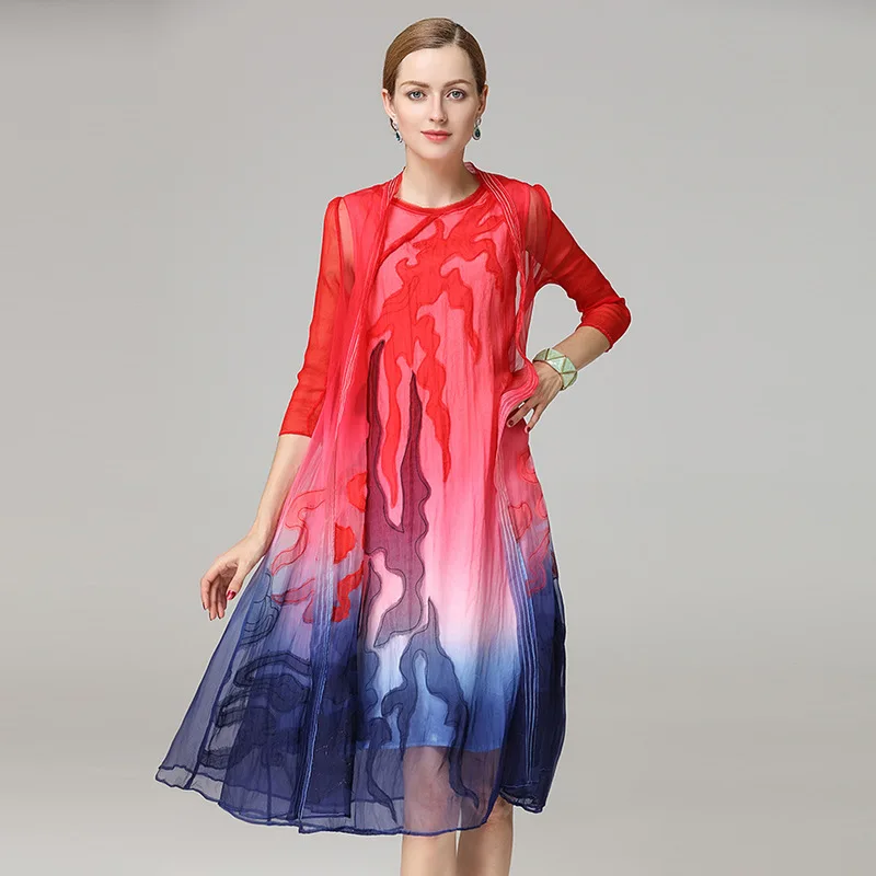 

silk floral bohemian robe femme ete 2019 summer long vintage women's beach dresses plus size loose red white blue gradient