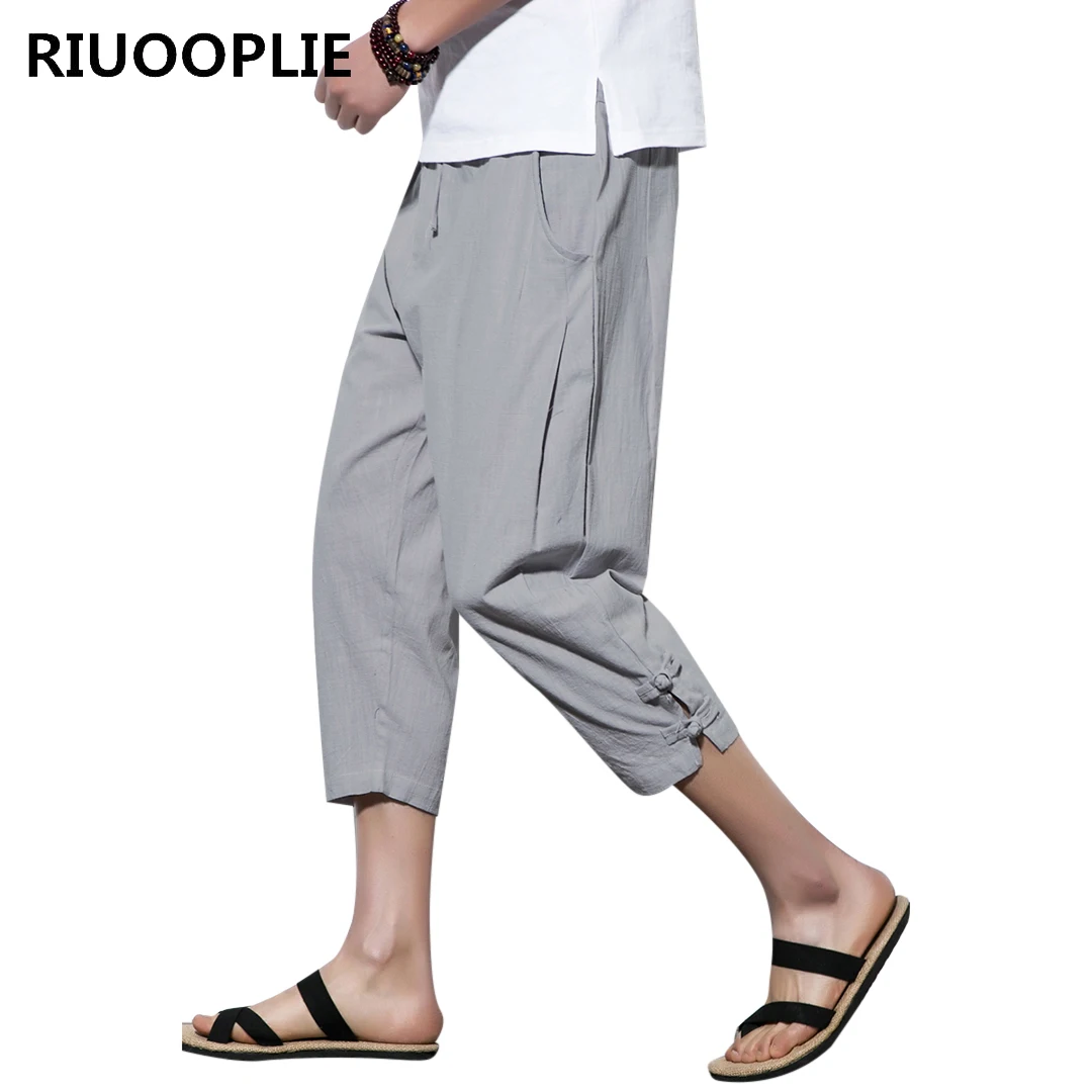 RIUOOPLIE Men Chinese Style Haren Pants Elastic Waist Loose Seven Points Jogger Pants 3