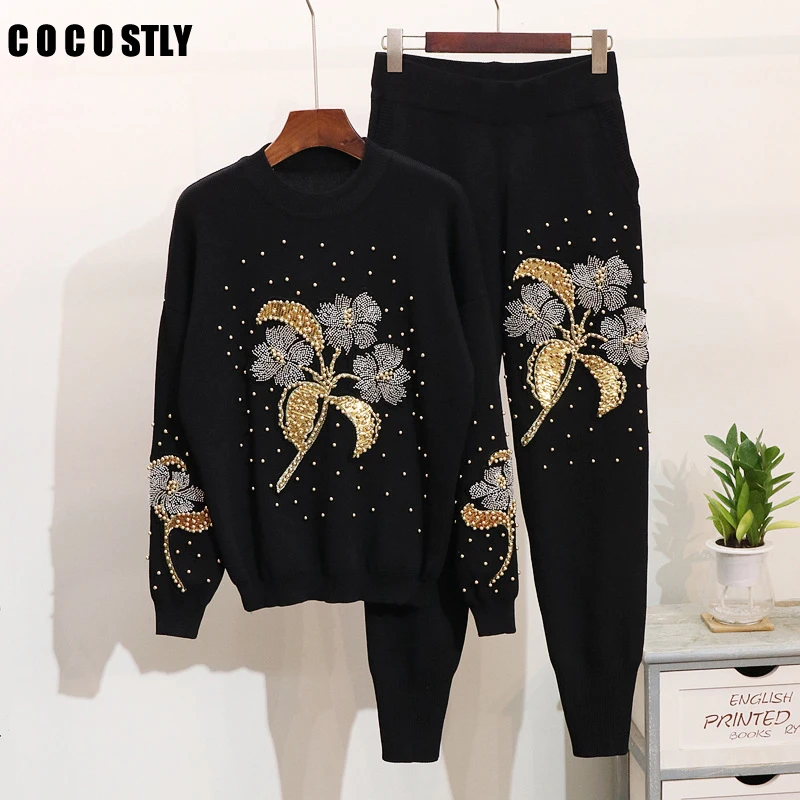 

Flower Beading Tracksuit Women Two Piece Set Autumn Street Sweater+Pants Suits Casual 2 Piece Set Black Outfits matching sets