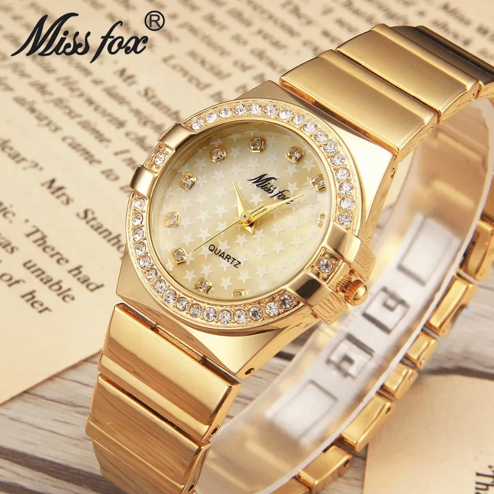 

MISS FOX Women's Gold Watch Steel Chain Luxury Quartz Watch Fashion Casual Clock Star Diamond Dial Waterproof Ladies Dress Watch