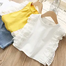 Милая детская блузка в стиле пэчворк для девочек, летняя одежда без рукавов желтого и белого цветов, милые детские футболки