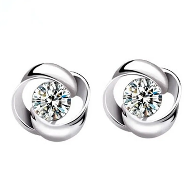 

100% 925 sterling silver fashion shiny crystal round ladies`stud earrings jewelry women Anti allergy birthday gift drop shipping