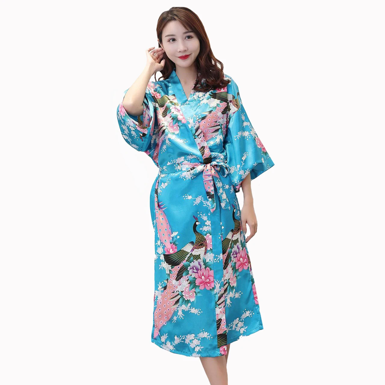 Женская мода кимоно халат платье принт Павлин невесты свадебное леди сексуальная три четверти рукав пижамы S-3XL