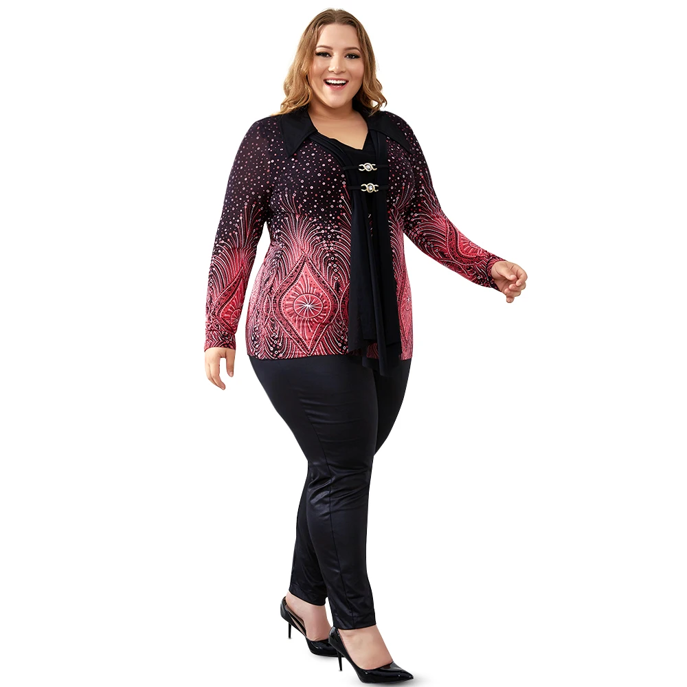 YTL Turn Down Collar Ladies Plus Size Shirt Flare Sleeve Print Blouses Women Big Sizes Winter Diamonds Brooch Vintage Tops H033