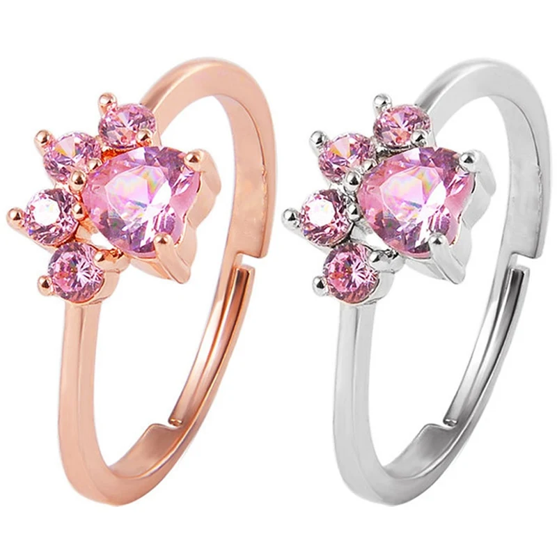 

Cut Cat Dog Bear's Paw Rose Gold Resizable Rings For Women Romantic Animal CZ Heart Wedding Rings