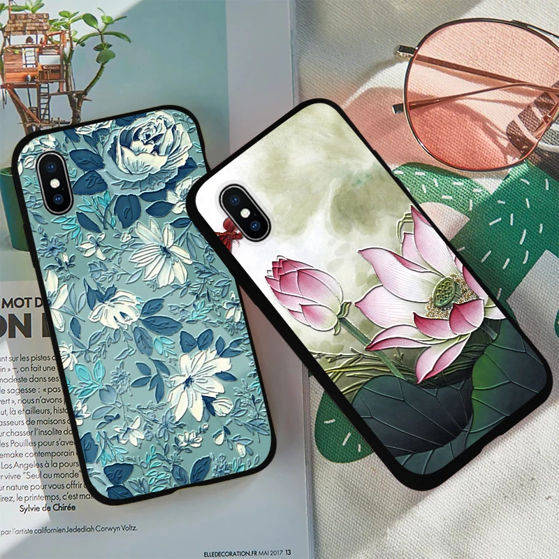 

3D Emboss Flower Phone Case For iPhone XR XS Max X 6 6S 7 8 Plus 5 5S SE Cover Coque For iPhone 7 Plus Soft TPU Case For iphone