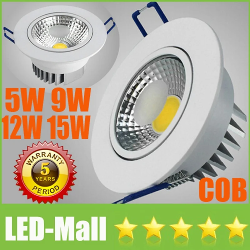 Retail CREE 5W 9W 12W 15W COB LED Downlights + Power Supply 110V 240V