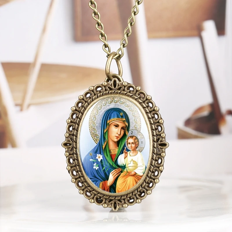 Unique Virgin Mary Necklace Quartz Pocket Watch Mother Mary Catholic Religious Pendant Gifts Necklace Women as Collectibles 2019 2019 2020 2021 (14)
