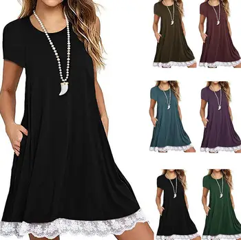 

2018 Summer Fashion Lace Stitching Hollow Out Straight Dress Women Causal Loose Patchwork short Sleeves Mini Dresses Plus dress