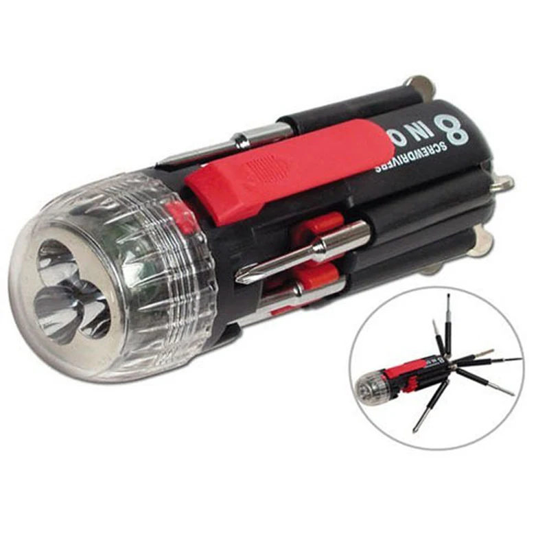 

8 in one Multi Screwdriver with LED Flashlight Torch Hand Tools Multi-functional Flashlight Slotted Phillips Hex Screw Driver
