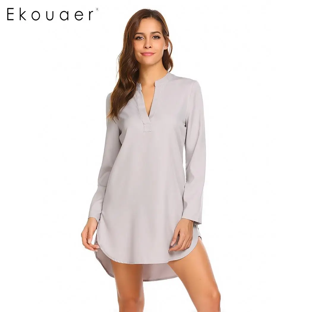 

Ekouaer Women Long Sleeve Nightgowns Sleep Dress Solid V Neck Sleepshirts Sleepwear Female Home Wear Clothing