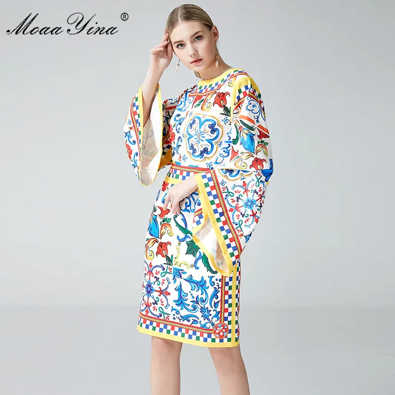 

MoaaYina High Quality 2018 Fashion Summer Women Dress Round Collar Batwing Sleeve Package hip Plaid Floral Print Vintage Dress