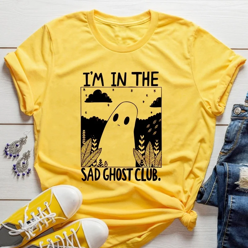 Уличная футболка в стиле панк с принтом «I'm in the Sad Ghost Club Parody», Повседневная футболка с короткими рукавами и забавным графическим принтом, женские футболки tumblr goth, топы