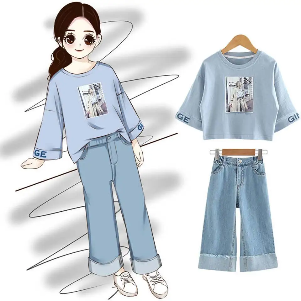 

2019 Autumn Girls Clothes Sets Hoodie Tops and Jeans Outfits Boutique Kids Clothing 2pcs Sets Sportswear Children 6 8 10 12Yrs