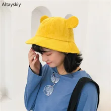 Женские вельветовые шляпы с милыми ушками, однотонные, с широкими полями, на плоской подошве, женские шляпы в рыбацком стиле, корейский стиль, универсальные, милые, трендовые, повседневные, шикарные