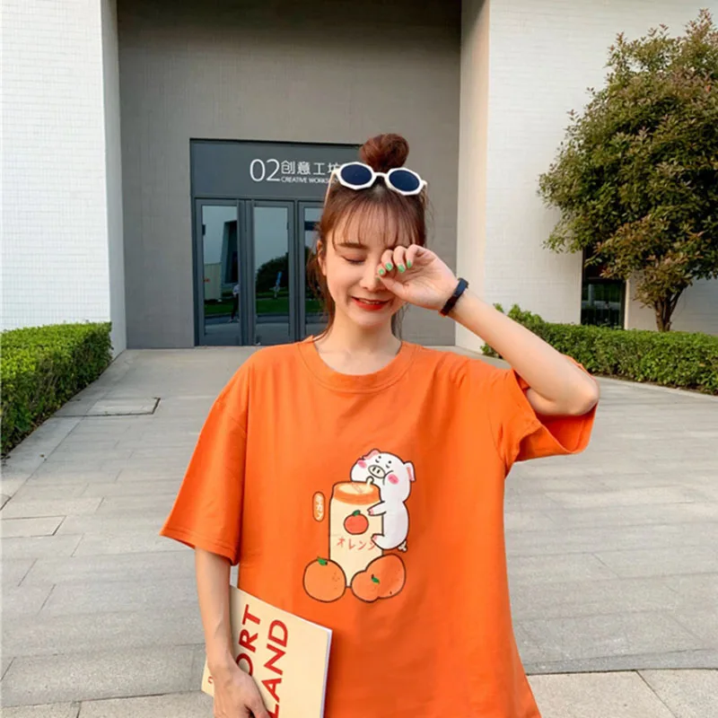 Летняя Новинка Harajuku Милая женская футболка большого размера персиковый мультяшный принт консервативный стиль Хлопковая женская футболка с коротким рукавом