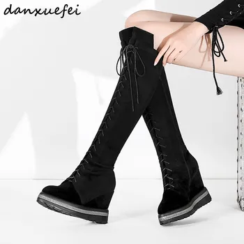 

Plus size 34-42 women's genuine suede leather over the knee boots wedge pointed toe lace-up winter high boots warm plush shoes