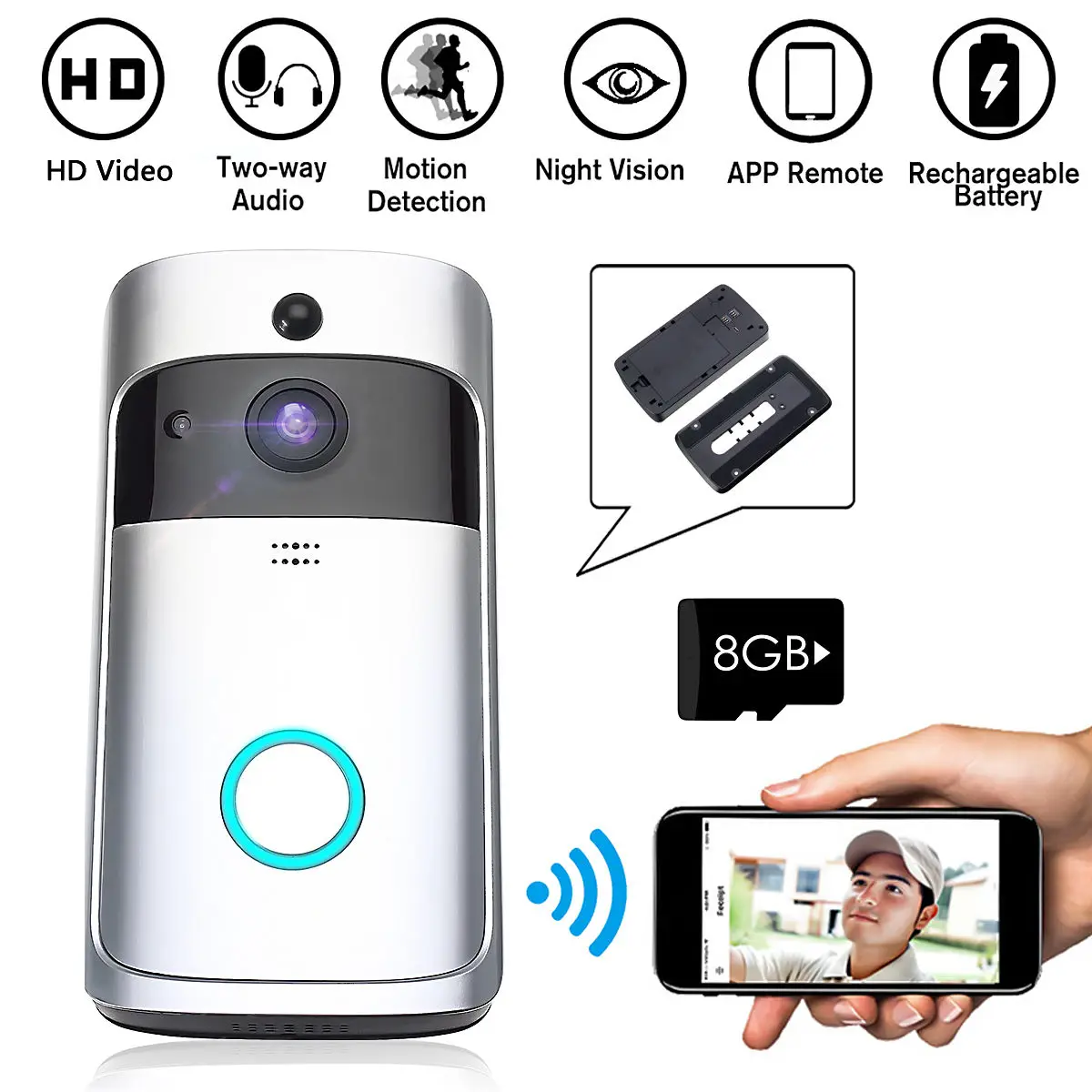 

Wireless WiFi Video Doorbell Camera IP Ring Door bell Two Way Audio APP Control iOS Android Battery Powered