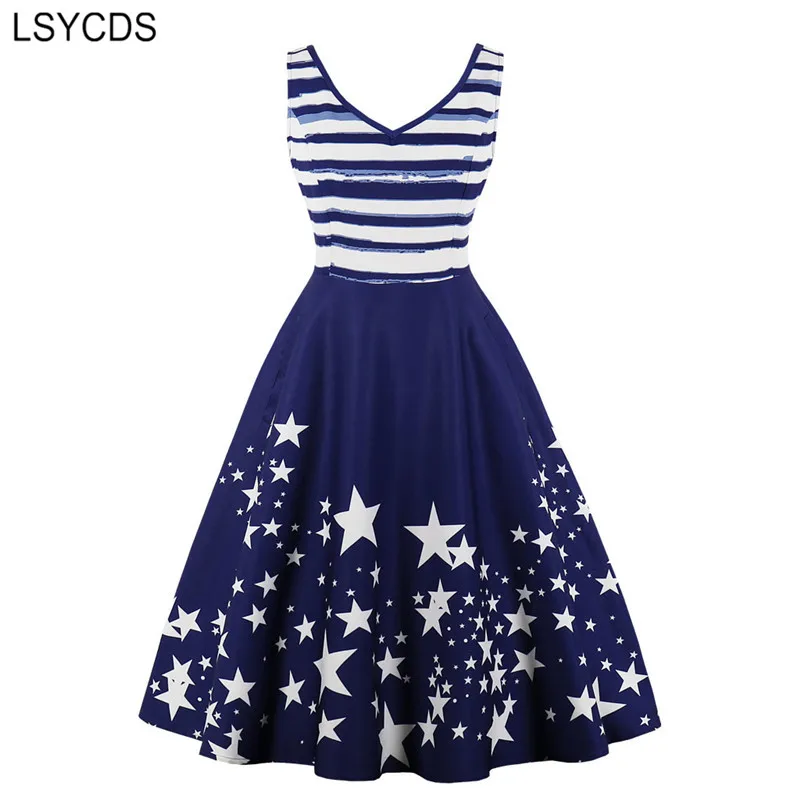 LSYCDS Patchwork Vintage Summer Dress Woman Girls Dark Blue V Neck A ...