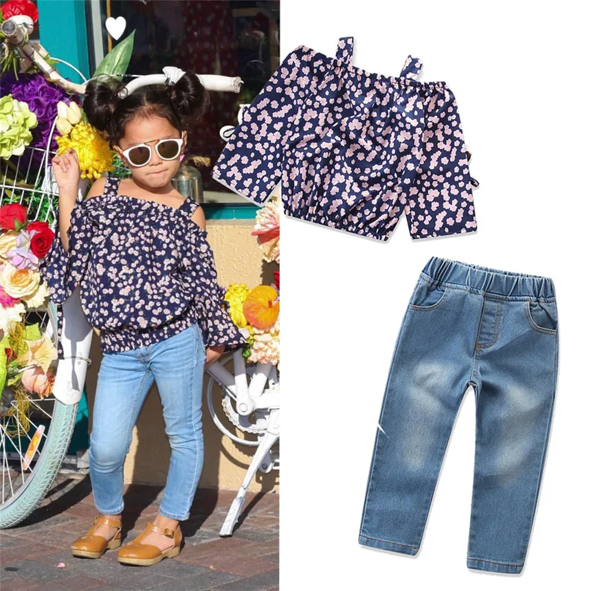 

Girls Clothing Set Floral Print Off Shoulder Fashion Tops Jeans 2pcs Kids Clothes Suit Baby Girl Daily Casual Outfits Size 2-6Y