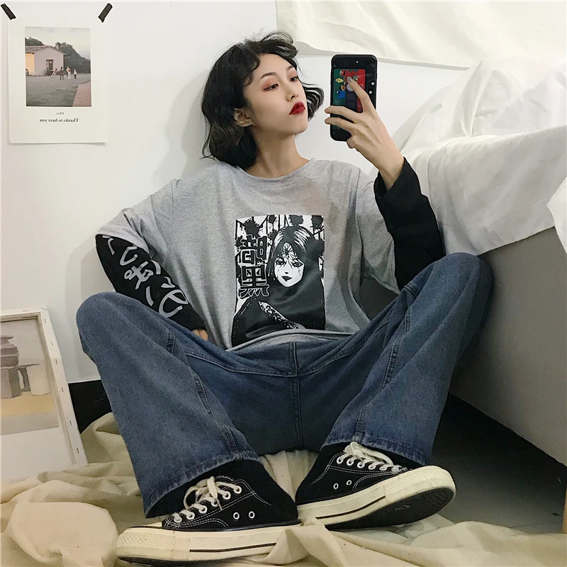 Корейский Harajuku Bf футболка с длинными рукавами для Для женщин уличной мультфильм японский печати поддельные две футболки женские Повседневное Топы