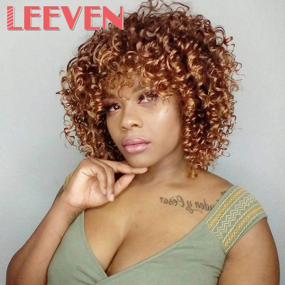 Leeven 毛アフロキンキーカーリーウィッグ黒人女性のためのブラウンミックスブロンド合成かつら高温繊維アフリカ髪型 Synthetic None Lace Wigs Aliexpress
