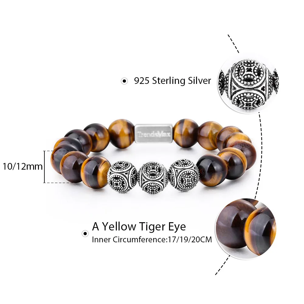 Trendsmax 10 мм тигровый глаз браслеты из бисера для женщин и мужчин Натуральный Камень Стрейч 925 пробы серебро высокое качество ювелирные изделия TBB005