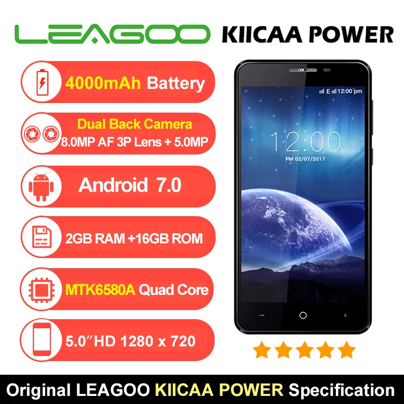 LEAGOO KIICAA POWER Android 7 0 Dual Cam 4000 мАч смартфон 5 дюймов MT6580A четырехъядерный 2 Гб ОЗУ 16 ПЗУ