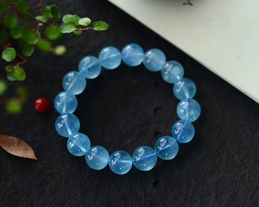 

100% Genuine Natural Blue Aquamarine Bracelet Women Stretch Round Beads Crystal Bracelet 13mm Healing Stone AAAAA Certificate