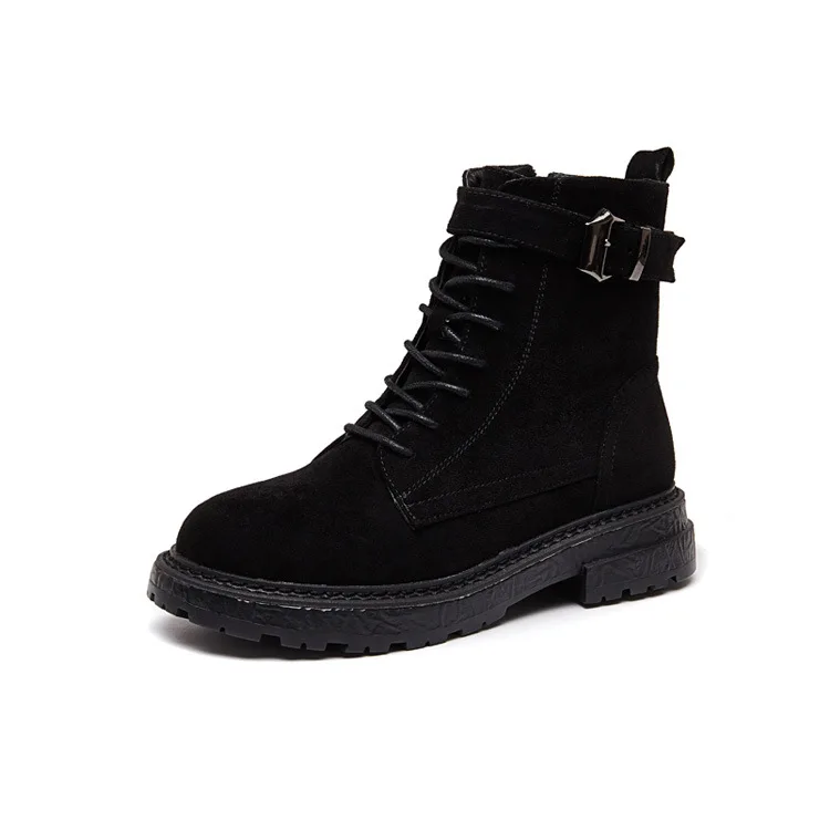 

Fashion Leisure Winter Motorcycle Boots Women Round Toe Med Hoof Heels Lace up Martin Boots Buckle Ankle Punk Ladies Shoes