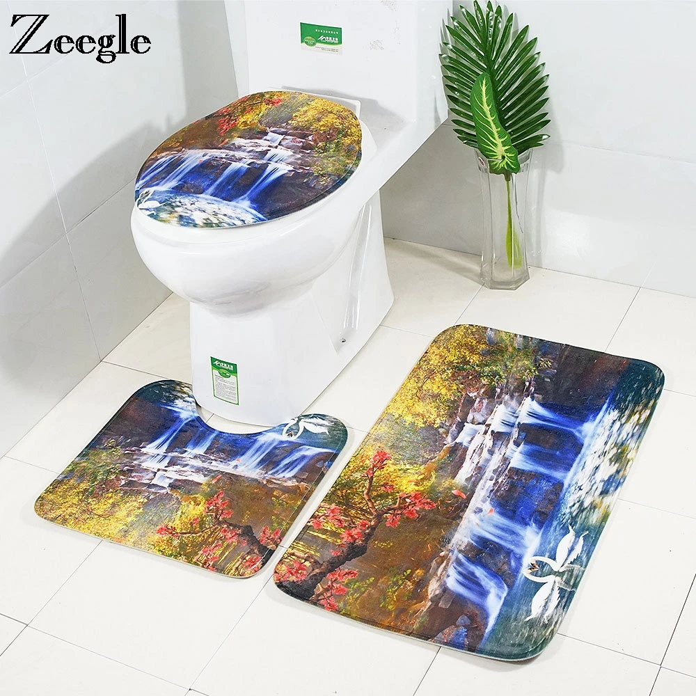 

Zeegle 3Pcs Bath Mats Waterfall Printed Mats For Toilet Anti Slip Bathroom Mat Bath Rugs Washable Bathroom Carpets Toilet Rugs