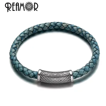 

REAMOR Vintage Blue Genuine Leather Braided Bracelets Men Women 316l Stainless steel Magnet buckle Charm Cuff Bangle Wristband