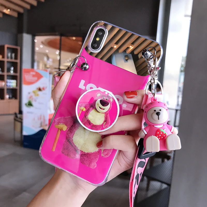 For iPhone X/XS case cute bear rose red phone cover for iPhone 7/8 plus make-up mirror XR XSMAX 6/6s+ strap airbag kickstand toy