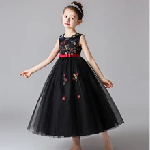 Черная одежда сетчатая с вышивкой цветы платье для девочек представление свадебное вечернее платье принцессы подружки невесты элегантное платье 8 10 лет WGCK2971