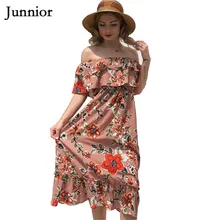Junnior Summer Bohemian Holiday Dress Female Chiffon Layered Slash Neck Beachwear Women Floral Frilled Peplum Dress Modis Femme frilled trim asymmetrical layered hem dress