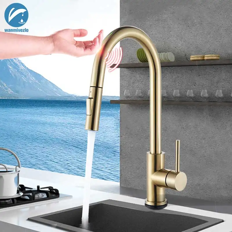 Brushed Gold Pull Out Touch Sensor Kitchen Faucet 360 Rotation