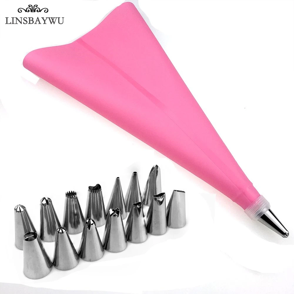 

LINSBAYWU 14Pcs/Set DIY Silicone Icing Piping Cream Pastry Bags + 14 Nozzle Set Cake Decorating Tools+1PC Converter Coupler
