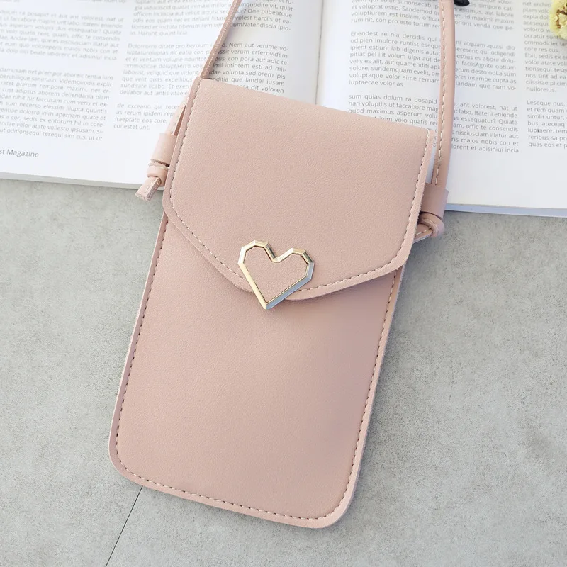 Женская сумка для телефона, женская сумочка для монет, сумка через плечо для девушек, милая сумка для телефона, мини-сумка для мобильного телефона с застежкой в виде сердца - Цвет: Light Pink