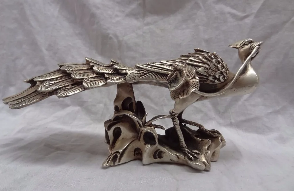 

zhaomeirui53++11" Chinese Silver Bird Peacock Peafowl Flower Bronze Phoenix Statue Sculpture