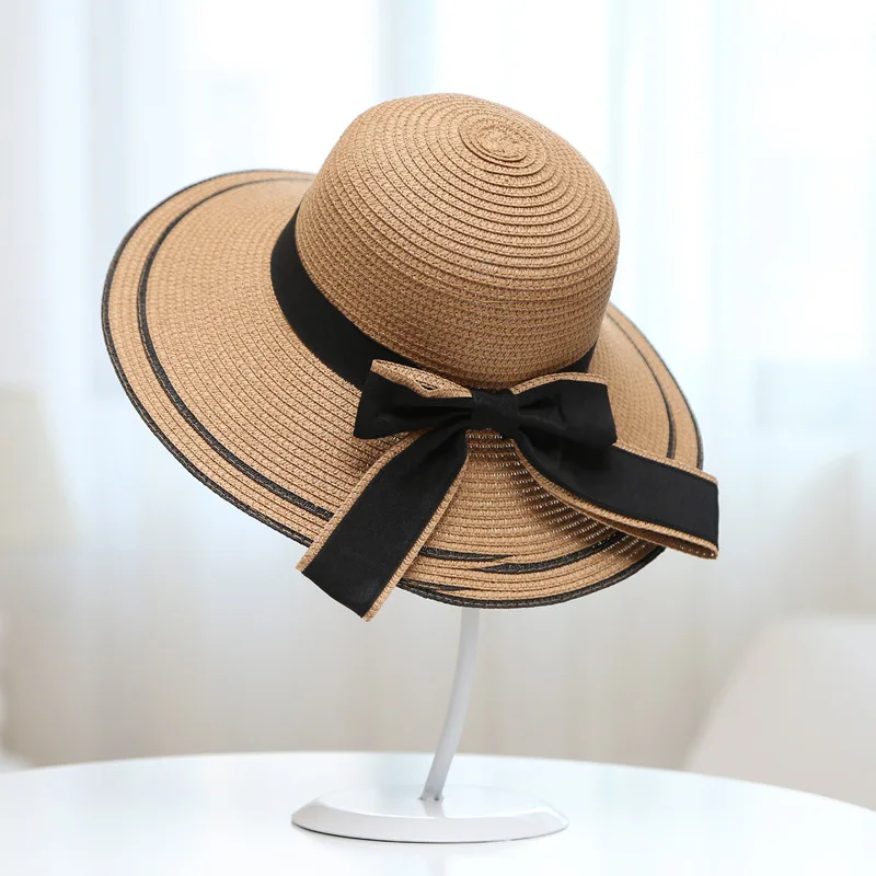 Шляпа женская Соломенная складная Пляжная Панама от солнца с большим бантом