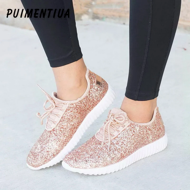 

Puimentiua New Fashion Bling Shoes Woman Plus Size Vulcanize Shoes Soft Flat Sneakers Women Casual Shoes Lace-up Basket Footwear