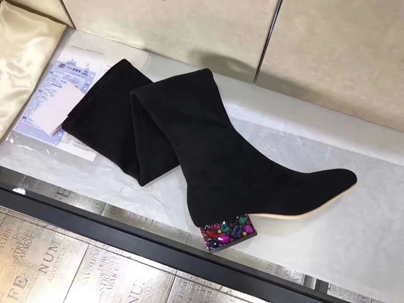 Suede Leather Rhinstone Long Over The Knee Boots Shoes Ladies Sexy Party Elastic Force Zipper Motorcycle Low Heels Boots Woman Suede Leather Rhinstone Long Over The Knee Boots Shoes Ladies Sexy Party Elastic Force Zipper Motorcycle Low Heels Boots Woman