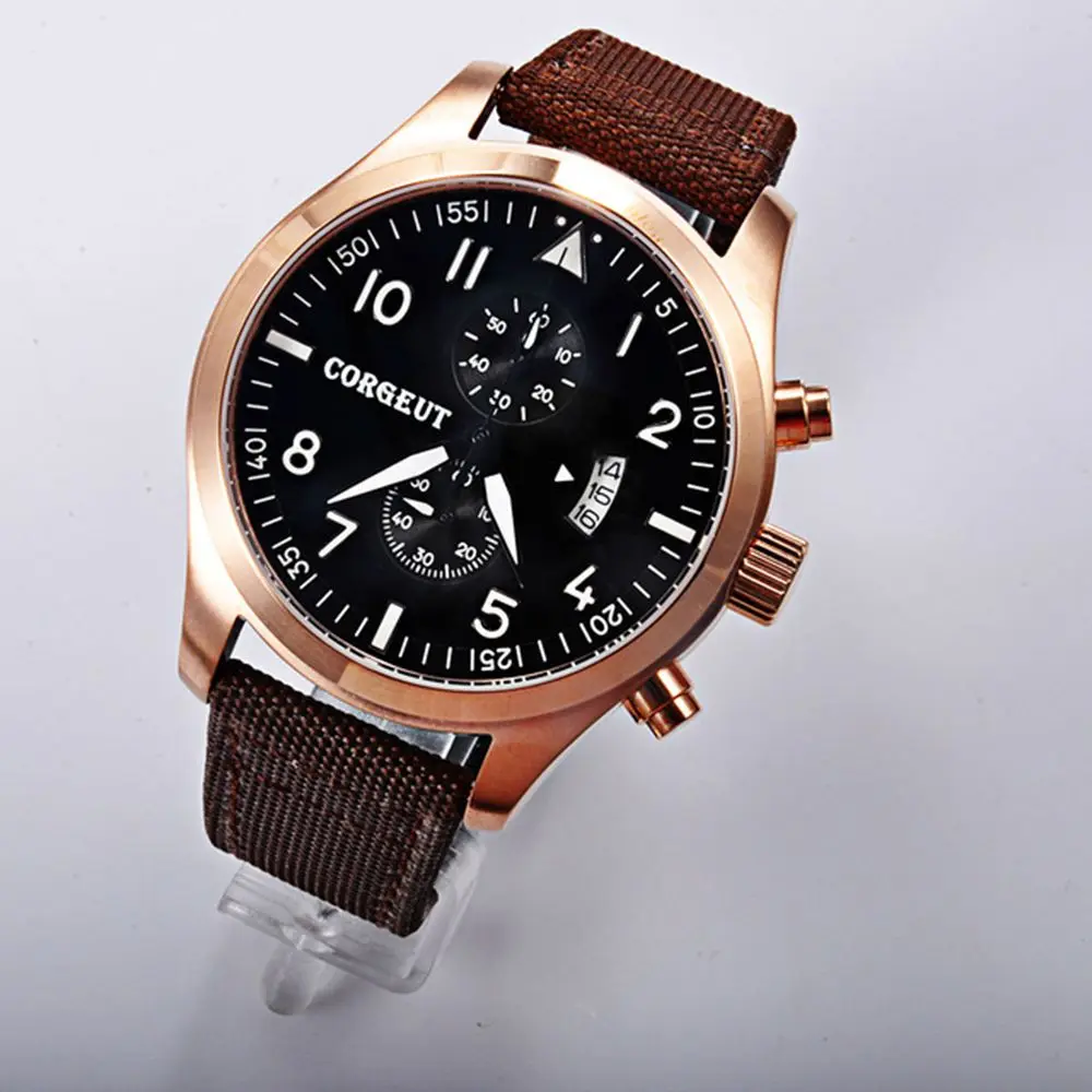 

Corgeut black dial PVD case fashion luxury top brand Full Chronograph clock Men's date quartz wrist watch