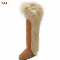 INOE ファッションキツネの毛皮の本物の羊皮の革ロングウール裏地腿スエード女性の冬の雪ブーツ高品質の靴黒 bota ş