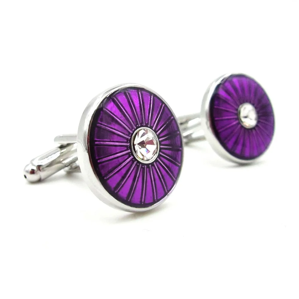 Mens Cufflinks purple Circular Enamel Shiny Crystal Elegant Style Cuffs