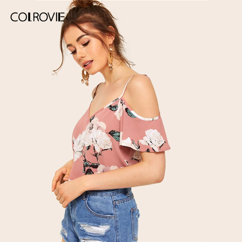 COLROVIE розовый большой цветочный принт с открытыми плечами Boho блузка на бретельках женская рубашка летняя корейская мода для отдыха женские блузки